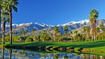 Great Palm Springs,California - sky, lake, golf club, trees, mountains, palm, spring, nature, reflection