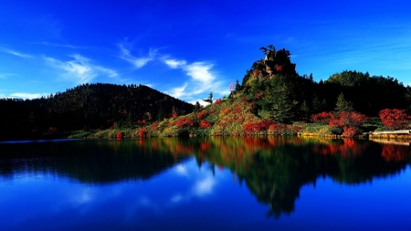 Reflection in the Calm Blue Lake - trees, nature, blue, lake, forest, reflection, sky