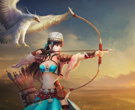 Archer - bird, archer, blue, girl, fantasy, eagle, white, changqing jiang, wings, luminos