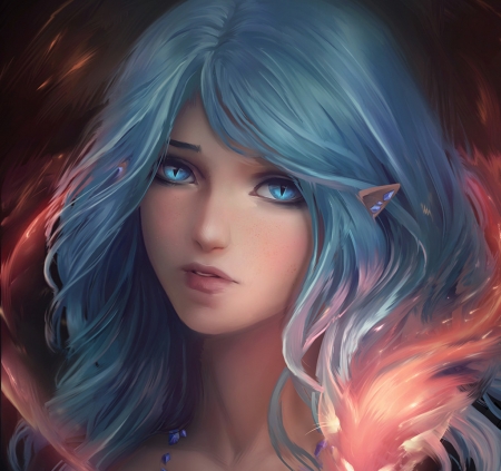 Jystei - chubymi, blue, girl, pink, jystei, fantasy, fire, face, luminos