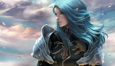 Warrior girl - elf, luminos, warrior, blue, chubymi, fantasy, armor