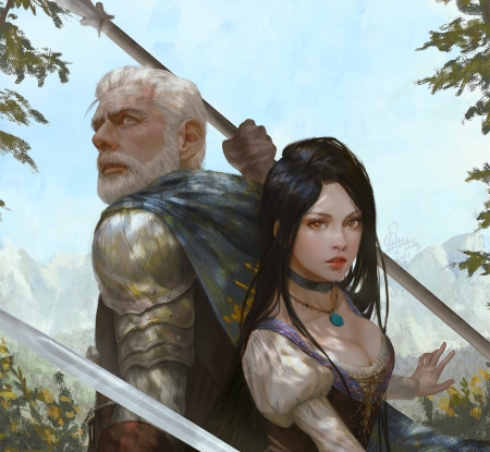 The sword keeper - girl, couple, fantasy, armor, art, luminos, man, the sword keeper, ina wong