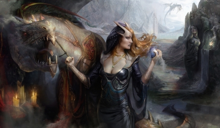 Fantasy girl - art, girl, luminos, dragon, fantasy