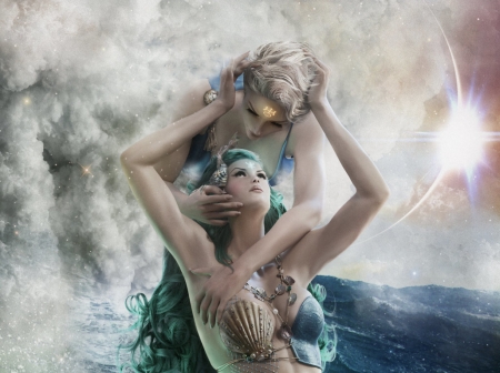 Sailor Neptune and Sailor Uranus - couple, girl, water, summer, maryneim, fantasy, sailor moon, white, blue, sailor neptune, green, sea, sailor uranus