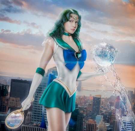 Sailor Neptune - girl, maryneim, fantasy, sailor moon, white, blue, luminos, sailor neptune, green, anime, manga