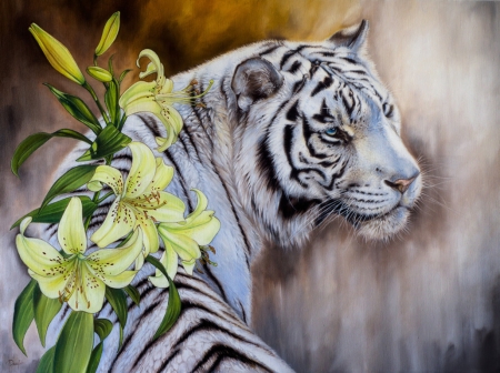 Tiger - fantasy, irenadem, lilly, tigru, flower, art, tiger, luminos