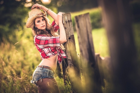 Out By The Corral . . - women, fun, female, hats, models, brunettes, western, fence, cowgirl, style, outdoors, ranch