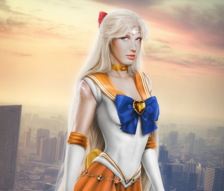 Sailor Venus - sailor venus, girl, maryneim, fantasy, sailor moon, white, yellow, blue, luminos, anime, blonde, manga