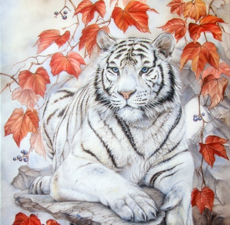 Tiger - irenadem, orange, tiger, pictura, animal, autumn, painting, tigru, leaf, art, luminos