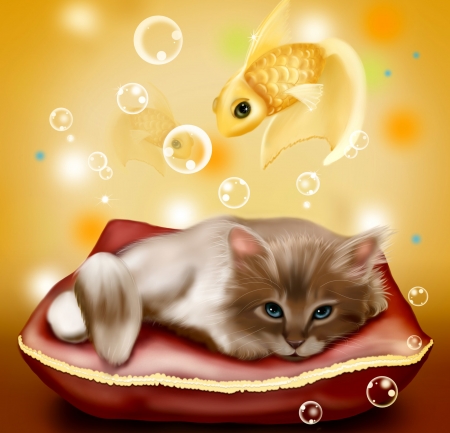 Dreaming kitty - pillow, cat, summer, dream, pisica, fantasy, kitten, yellow, red, fish