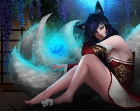 Ahri - nathalie batemann, fantasy, white, fox, lol, luminos, blue, nine tails, ahri