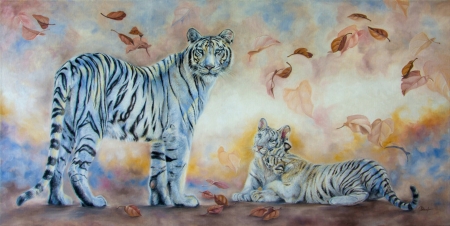 White tiger family - cub, fantasy, tigru, white, irenadem, painting, art, pictura, family, tiger