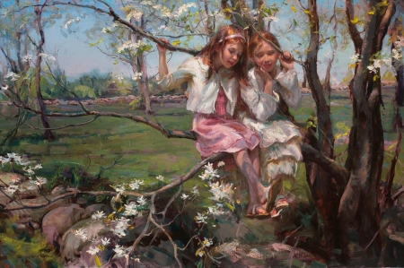 Children - girl, copil, spring, painting, daniel f grhartz, art, children, pink, pictura