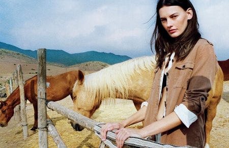 Checking The Fence . . - women, fun, female, models, brunettes, western, fence, cowgirl, style, outdoors, horses, ranch