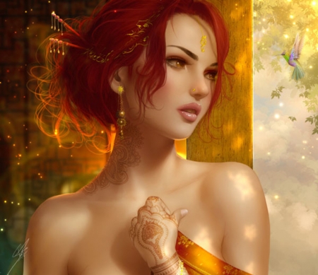 Maya - fantasy, redhead, yellow, girl, shu ra, maya, luminos