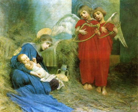 Holy lullaby song - angel, mary, song, maria, instrument, child, painting, art, holy, virgen, red, marianne stokes, pictura