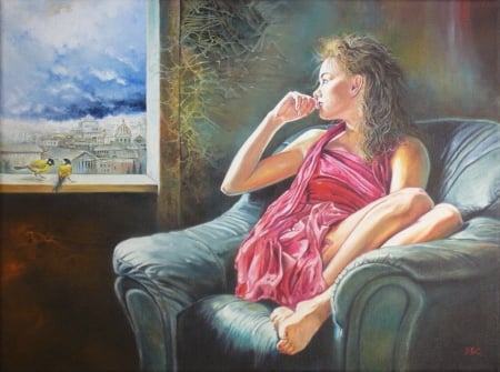 â™¥ - blue tit, pink, bird, window, sofa, girl, art, pictura, pasare, vladimir kulinski, painting