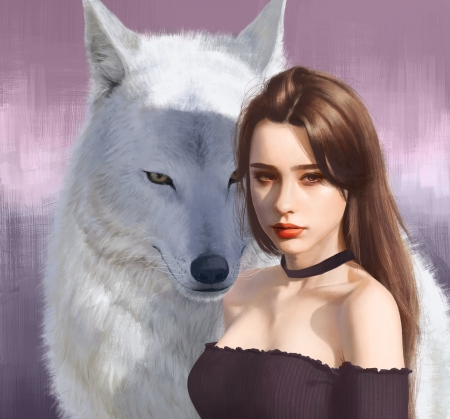 Fantasy girl - tony liu, wolf, girl, pink, lup, fantasy, white, art, luminos