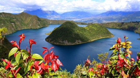 Fresh Green Island - nature, summer, green, island, mountains, sky, lakeshore