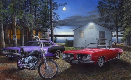 Lakeside Memories - moon, motorbike, cars, memories
