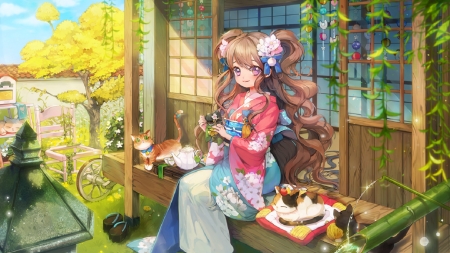 Cat Garden - japan, garden, girl, orginal, kimono, long hair, cat, japanese