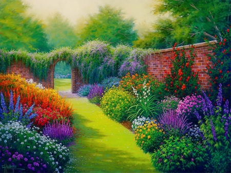 Secret garden - pretty, summer, beautiful, spring, lovely, flowers, secret, view, garden, arch, bench, art