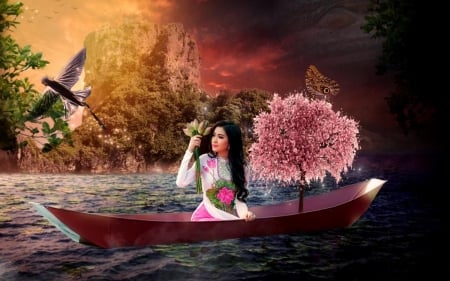 Floating Fantasy - Mountains, bird, water, boat, digital art, tree, flowers, oriental, woman, Fantasy, Pink, dreamy