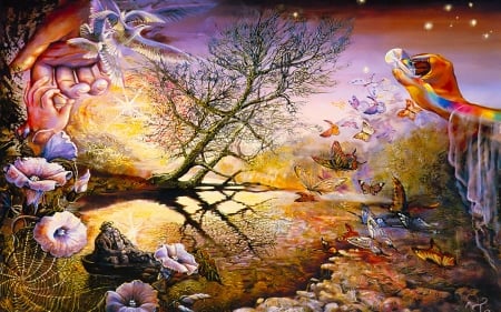 Touch of Love - flowers, river, hands, butterflies, art, tree