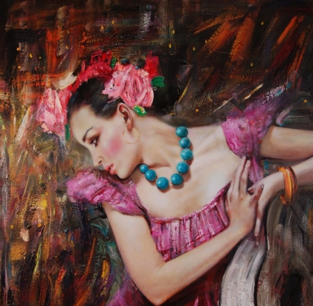 Flamenco dancer - woman, dancer, flamenco, girl, necklace, rose, painting, art, pink, blue, luminos, pictura, vladimir muhin, flower