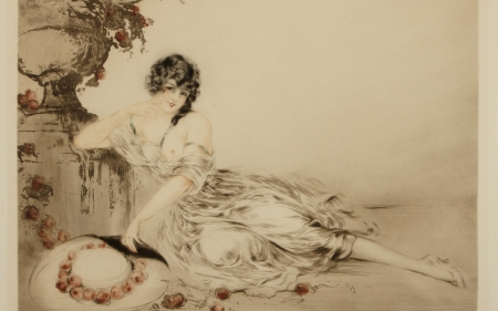 Near the urn - hat, urn, woman, louis icart, girl, art