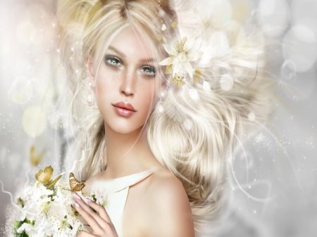 Pretty face - butterfly, flowers, girl, blonde