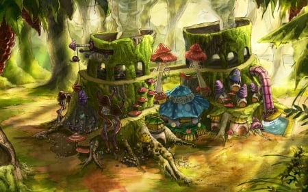 Mushroom Houses - forest, mushroom, fantasy, houses