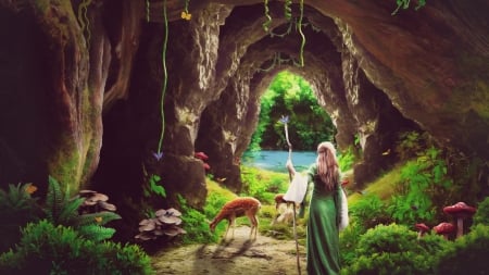 Peace of Heaven - women, mushrooms, lake, peace, water, deers, cave, grass, butterflies