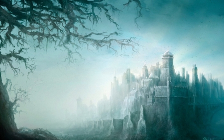 Mystery  Castle - fog, mystery, tree, castle