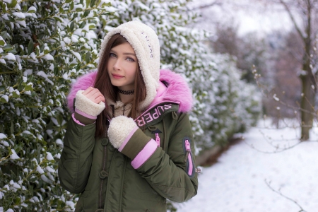 Karina Kozyreva Dressed for the Weather - snow, coat, brunette, model