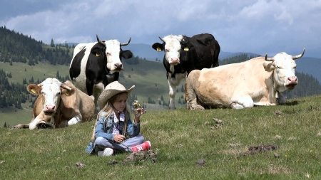 Minding The Herd . . - fun, female, hats, children, western, cows, girls, cowgirl, style, outdoors, herd, blondes, ranch