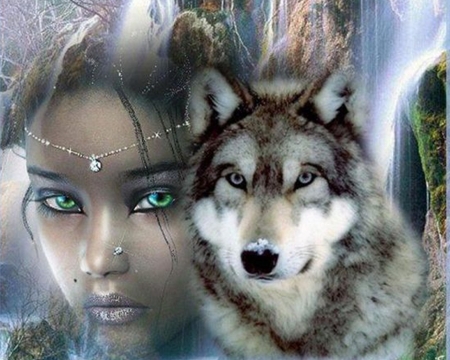 girl and wolf - wolf, art, people, animals, paintings, fantasy