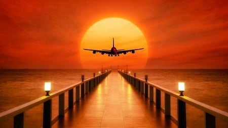 Sunset - silhouette, vara, orange, summer, sunset, creative, airplane, fantasy