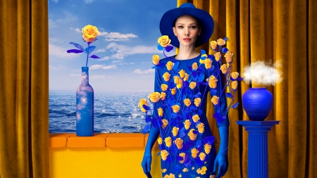 Beauty - hat, yellow, blue, dress, girl, flower, creative, fantasy, woman, model, rose