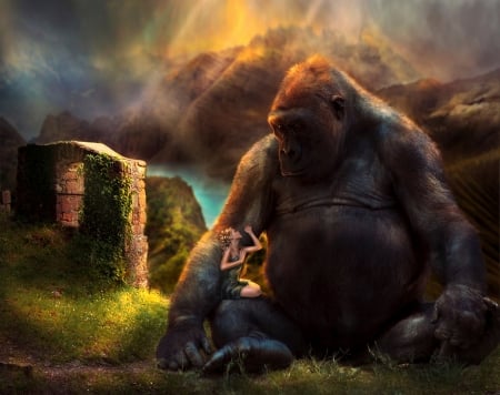 King Kong - irinaponochevnaya, king kong, fantasy, girl, monkey, luminos, gorilla