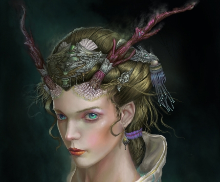 Dragon Lady - face, xiondueng li, girl, frumusete, art, fantasy, dragon, luminos, horns