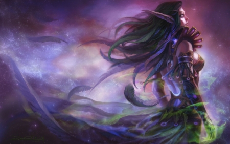 Elf - wow, purpl, girl, feather, epink, elf, fantasy, wind, green, luminos