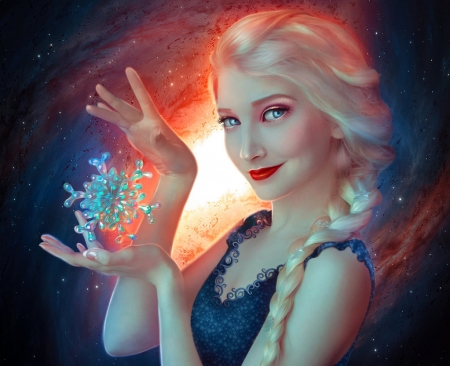 Elsa - princess, snowflake, girl, snow queen, winter, fantasy, fanart, pono4evnaya, face, hand, luminos, blue, elsa, disney, orange