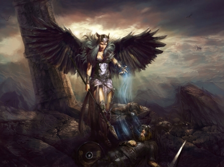 Valkyrie - feather, black, valkyrie, pablo fernandez, girl, wings, fantasy, luminos, angel, man