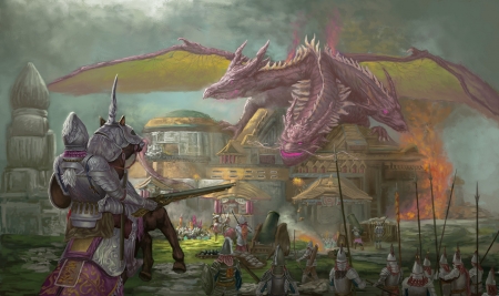 Dragon - fantasy, pink, xiondueng li, dragon, luminos, man, knight, art