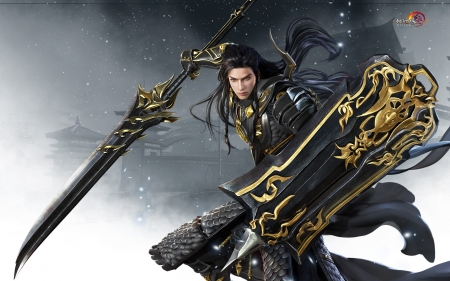 Warrior - warrior, sword, gian vang, armor, black, handsome, fantasy, tibetan, golden, shield, luminos