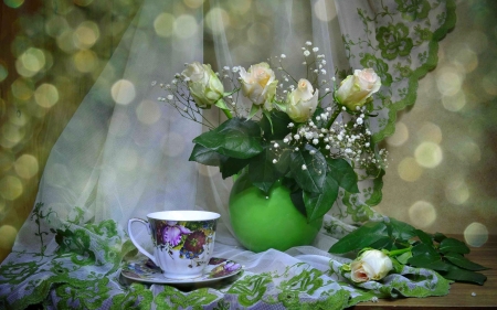 Still life with roses - roses, beautiful, tea, green, bouquet, still life, vase