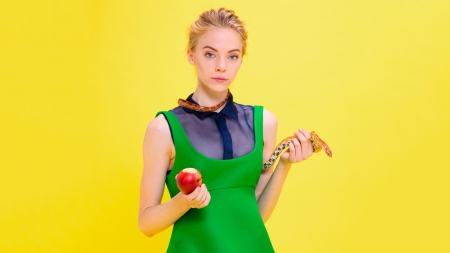 :) - yellow, snake, girl, creative, colorful, fantasy, red, green, woman, model, fruit, apple