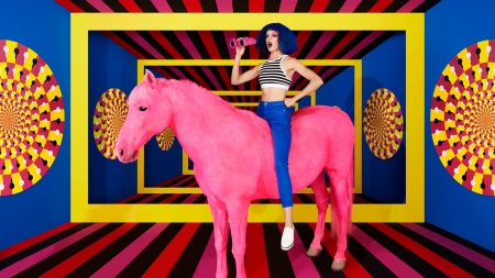 :) - yellow, blue, girl, creative, pink, horse, colorful, fantasy, woman, model