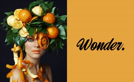 :) - woman, girl, summer, creative, fantasy, fruit, model, face, green, orange